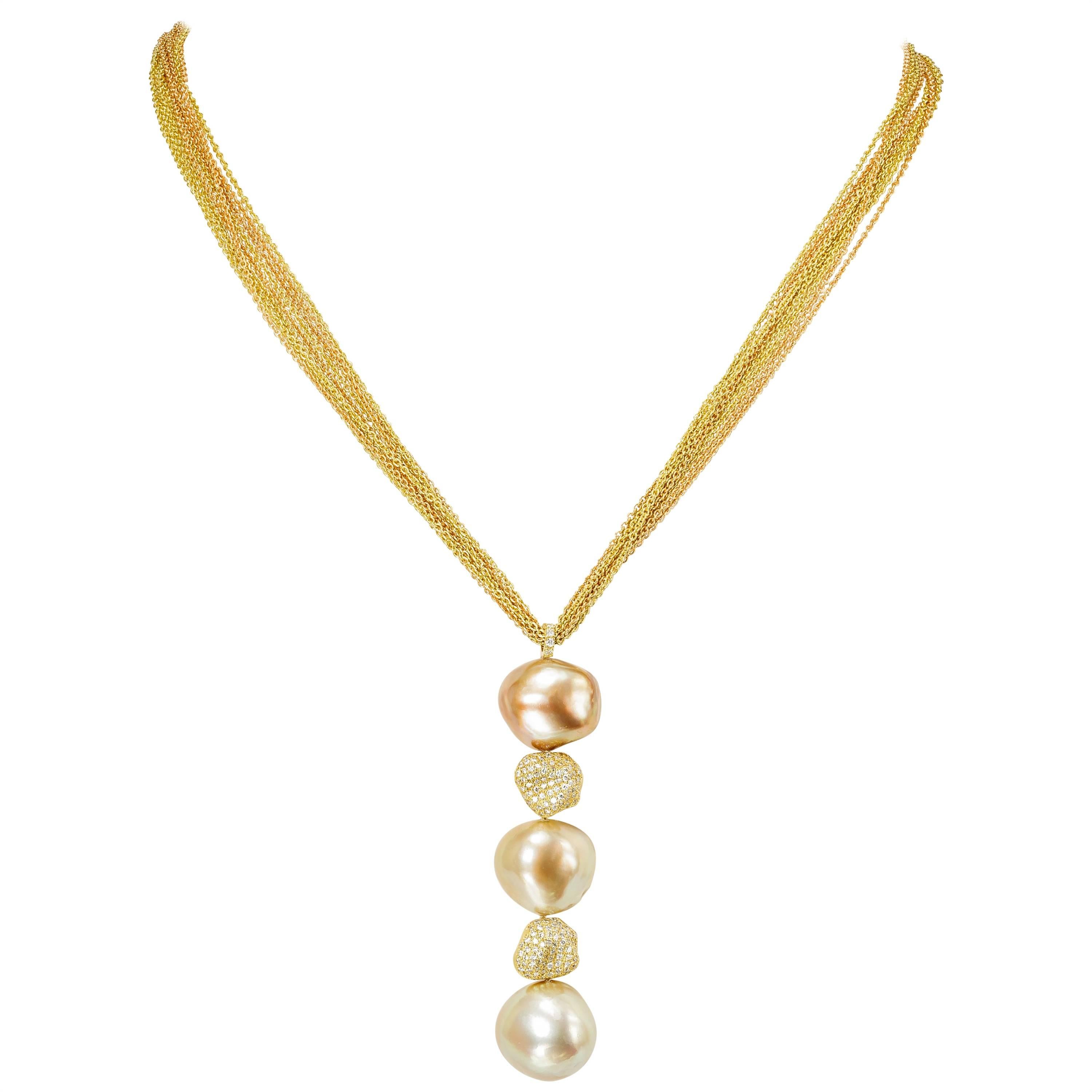 Yvel South Sea Baroque Pearl and Diamond Necklace 18 Karat Yellow and Rose Gold  For Sale