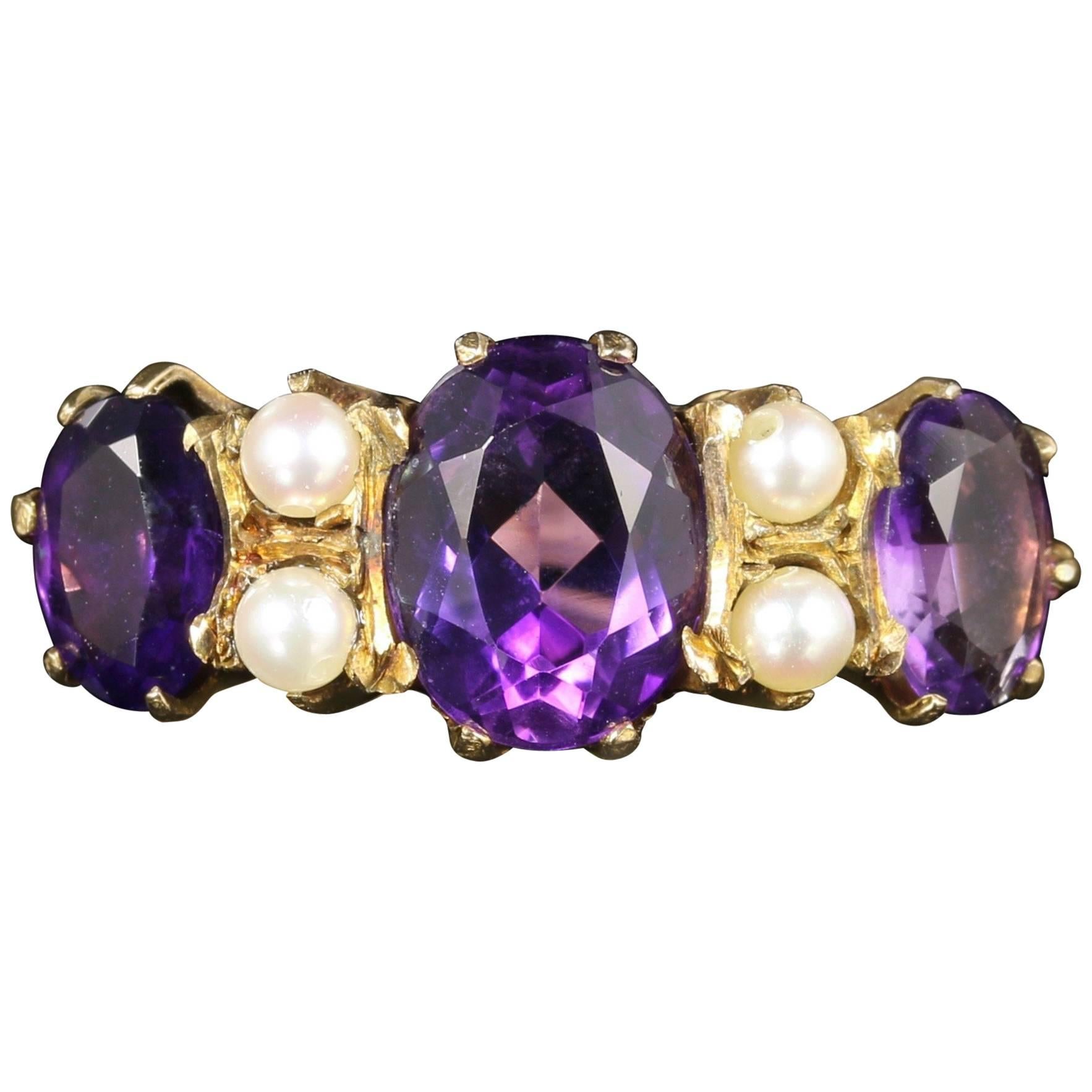 Antique Victorian Amethyst Pearl 9 Carat Gold Ring For Sale