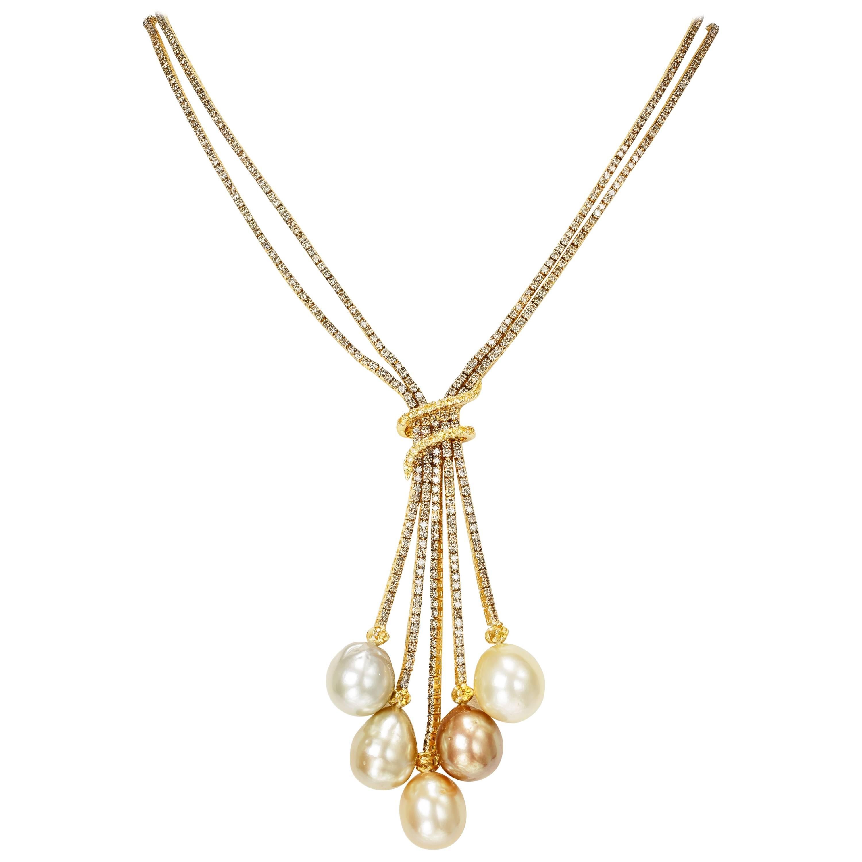 Yvel Pearl Cognac Diamond Yellow Sapphire Necklace 18k Yellow Gold 10.83 Carat For Sale