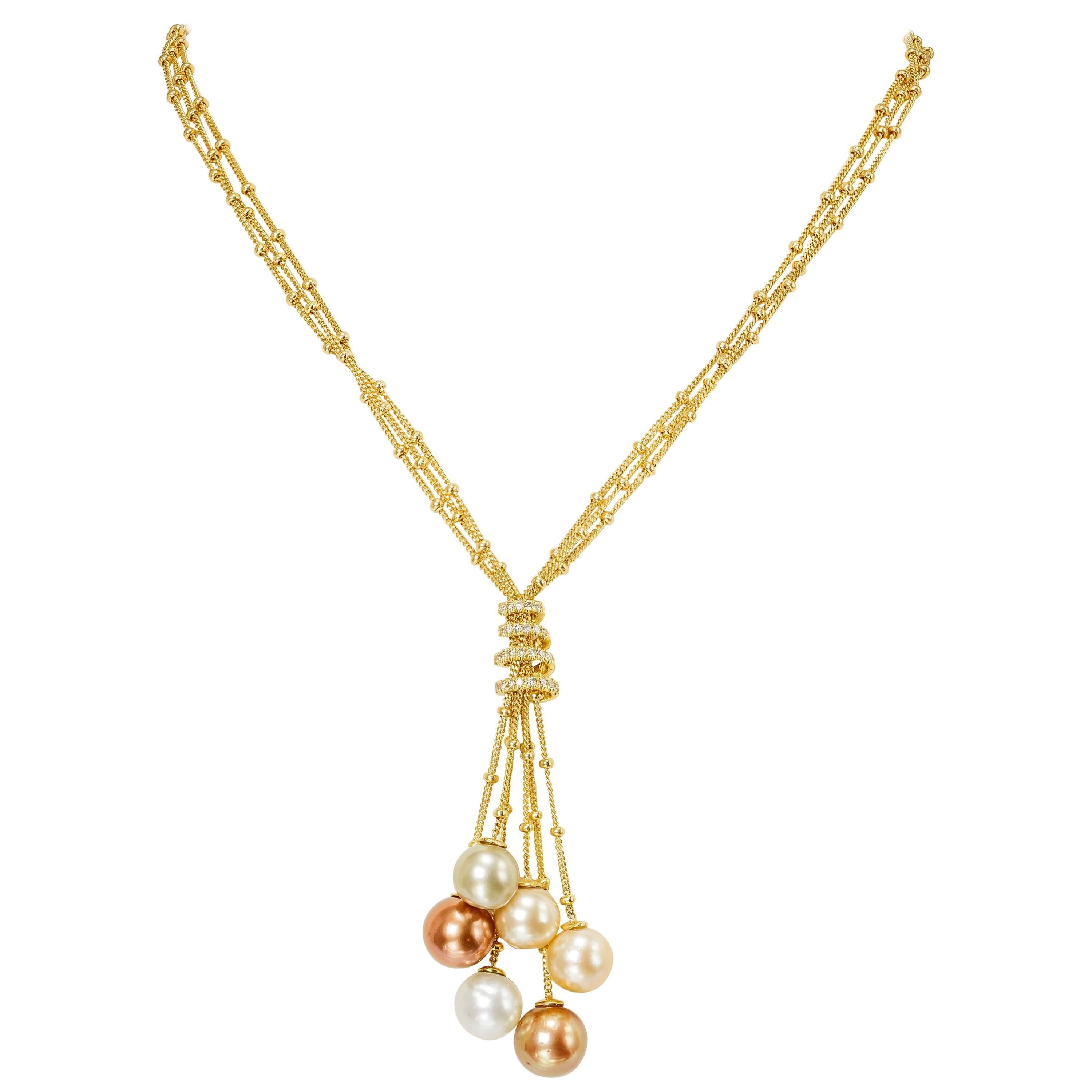Yvel Multicolored South Sea Pearl Necklace 3 Strand 18K Yellow Gold and Diamonds For Sale