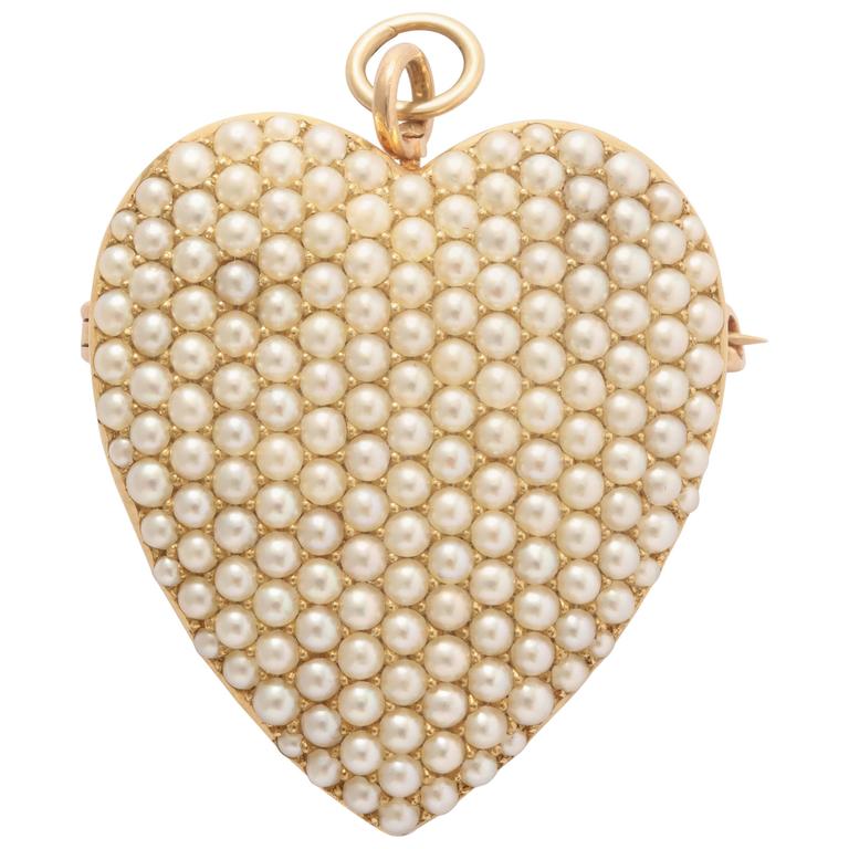 Large Seed Pearl Gold Heart Pendant and Brooch For Sale at 1stdibs
