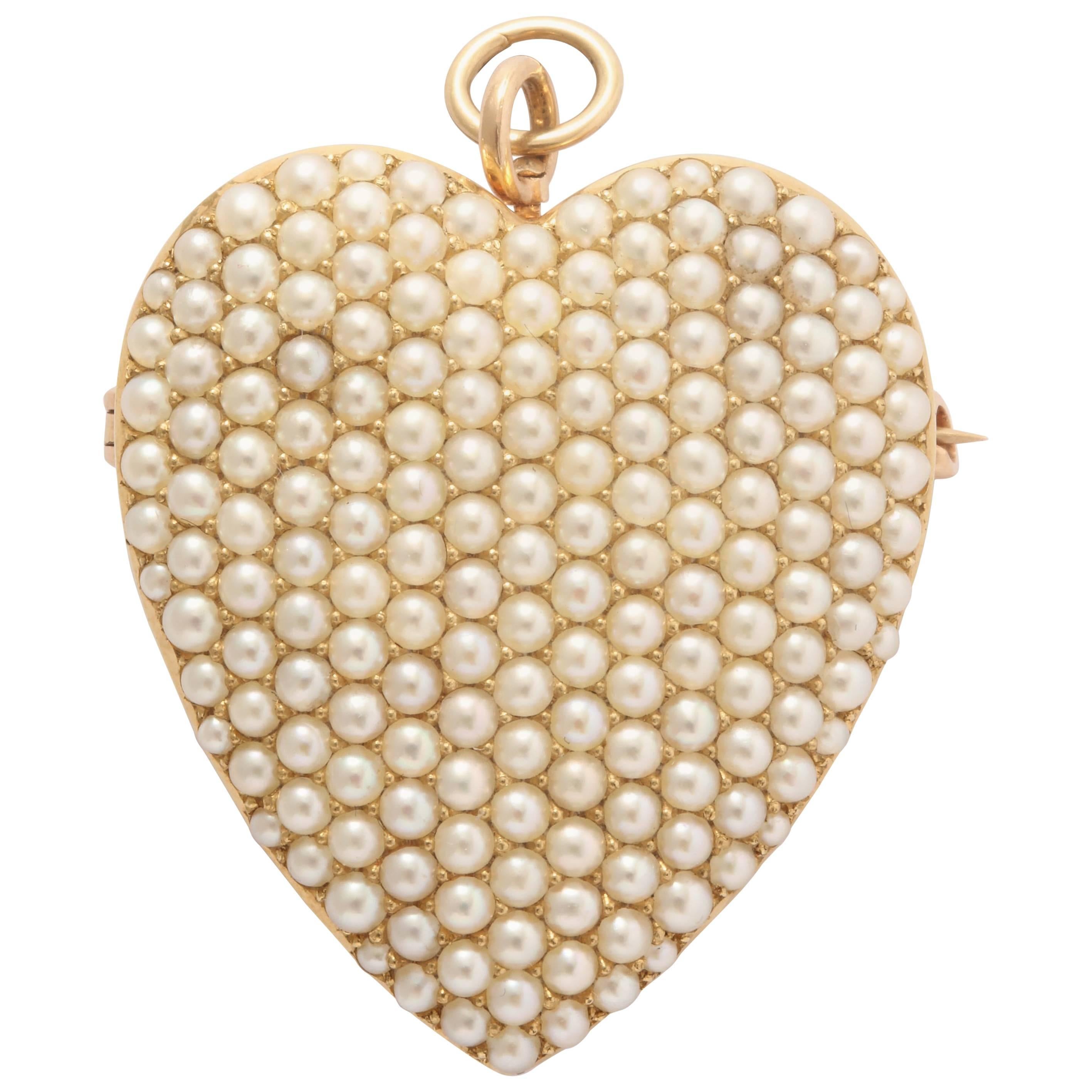 Large Seed Pearl Gold Heart Pendant and Brooch