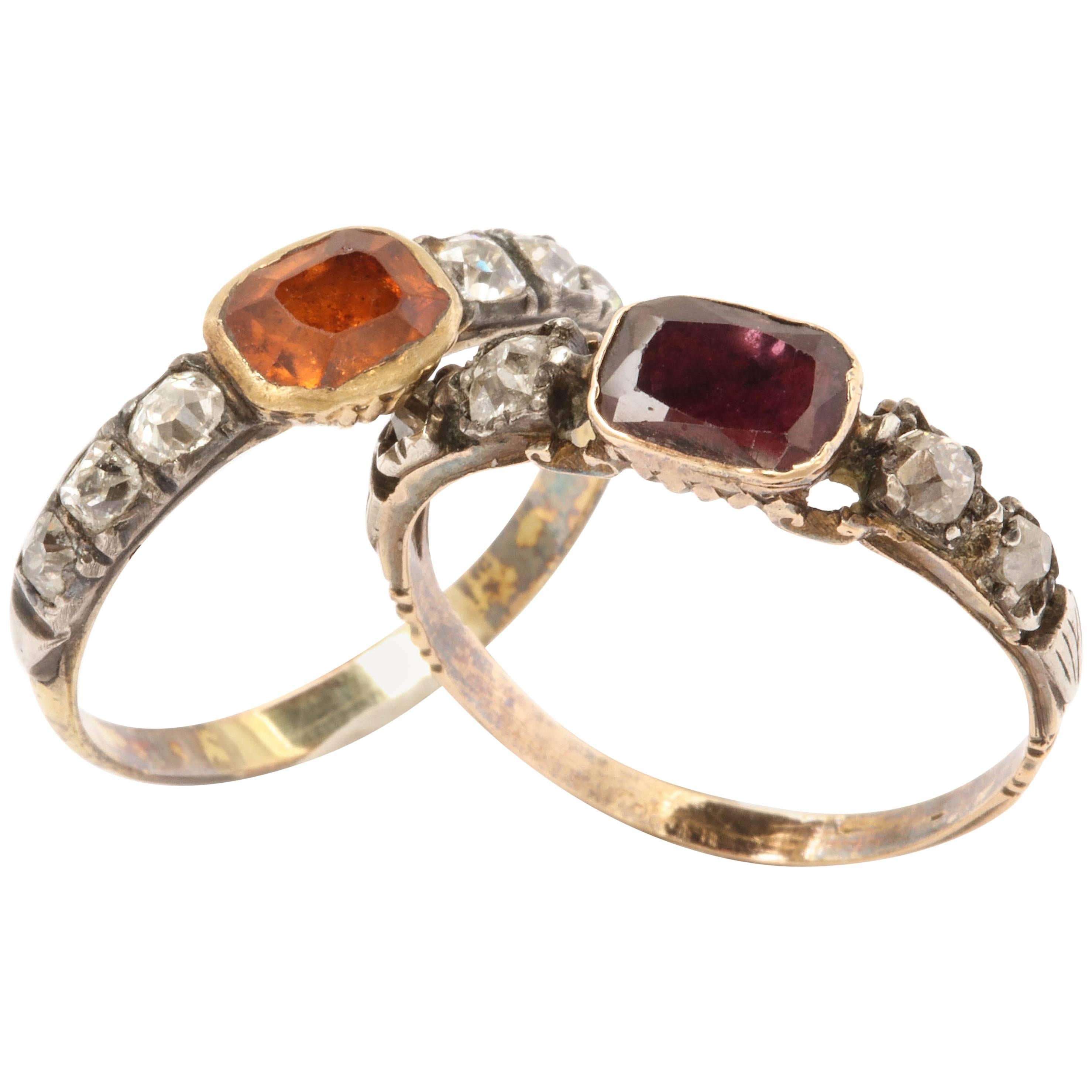 Nearly Matched Pair of Georgian Gemstone and Diamond Rings