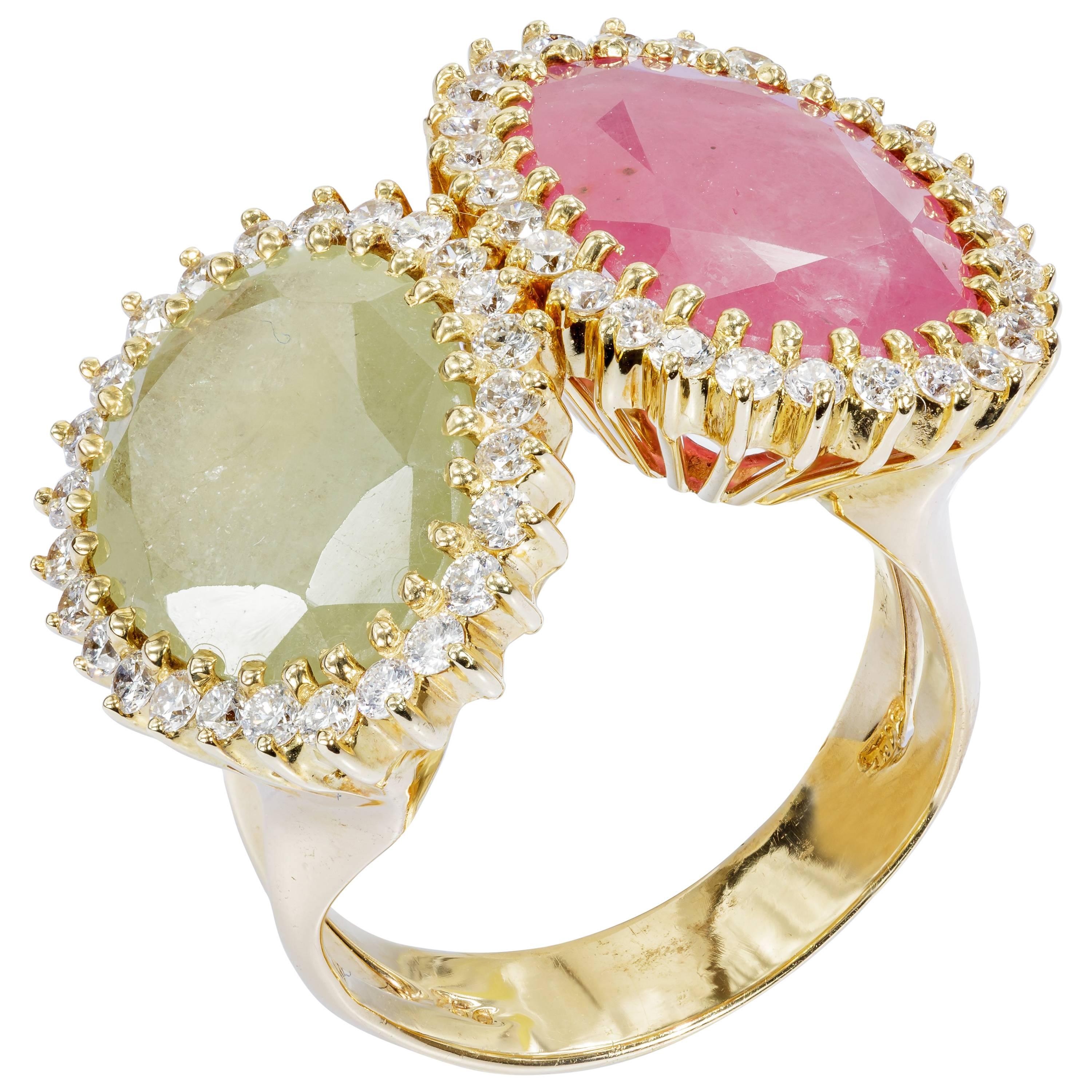 Yvel Pink and Green Sapphire Ring Diamonds and 18 Karat Gold 1.68 Carat R-2-SA  For Sale