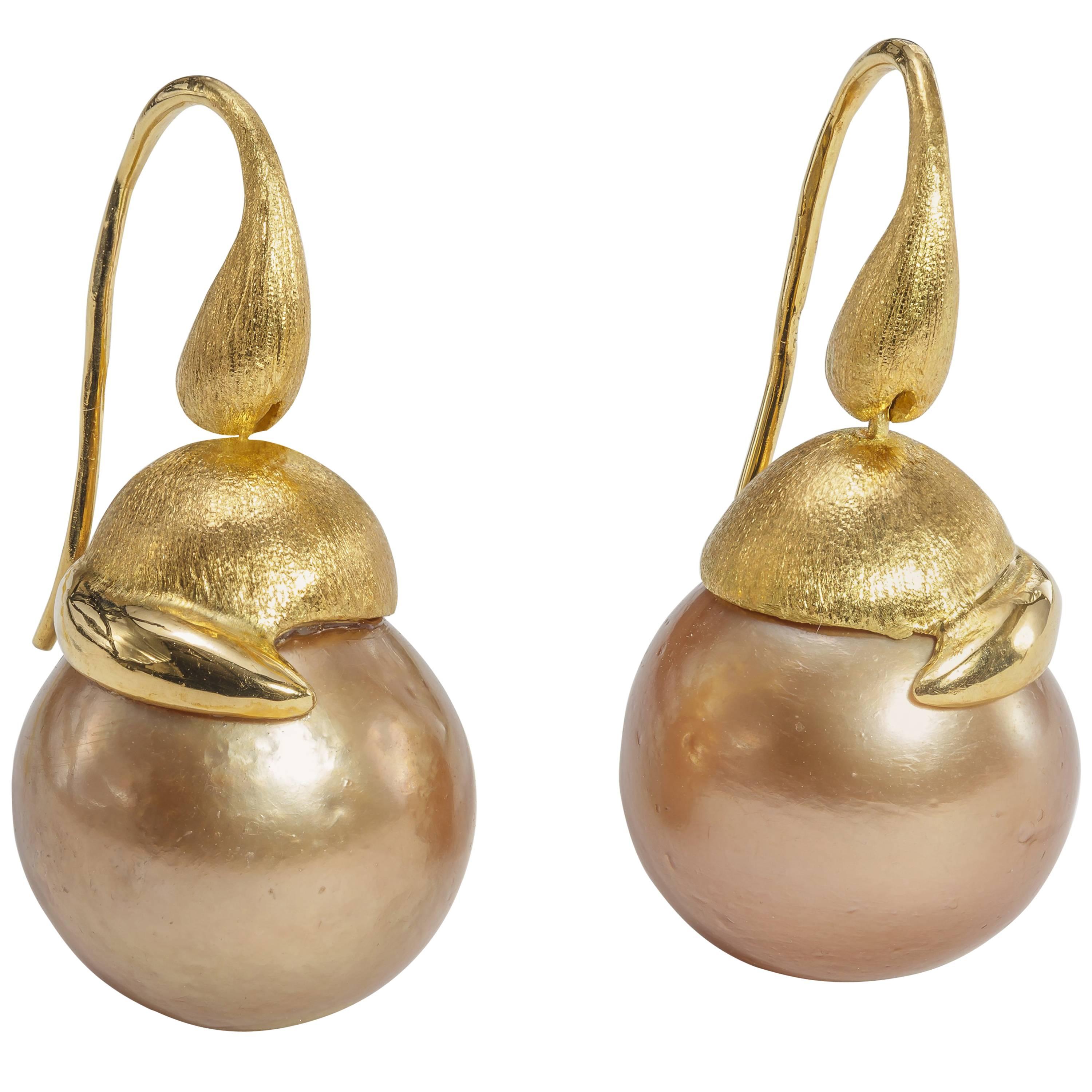 Yvel 18 Karat Yellow Gold Round Brown Pearl Drop Hook Earrings E-2-BRQ-GGOY For Sale