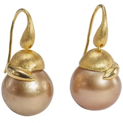 Yvel 18 Karat Yellow Gold Round Brown Pearl Drop Hook Earrings E-2-BRQ-GGOY