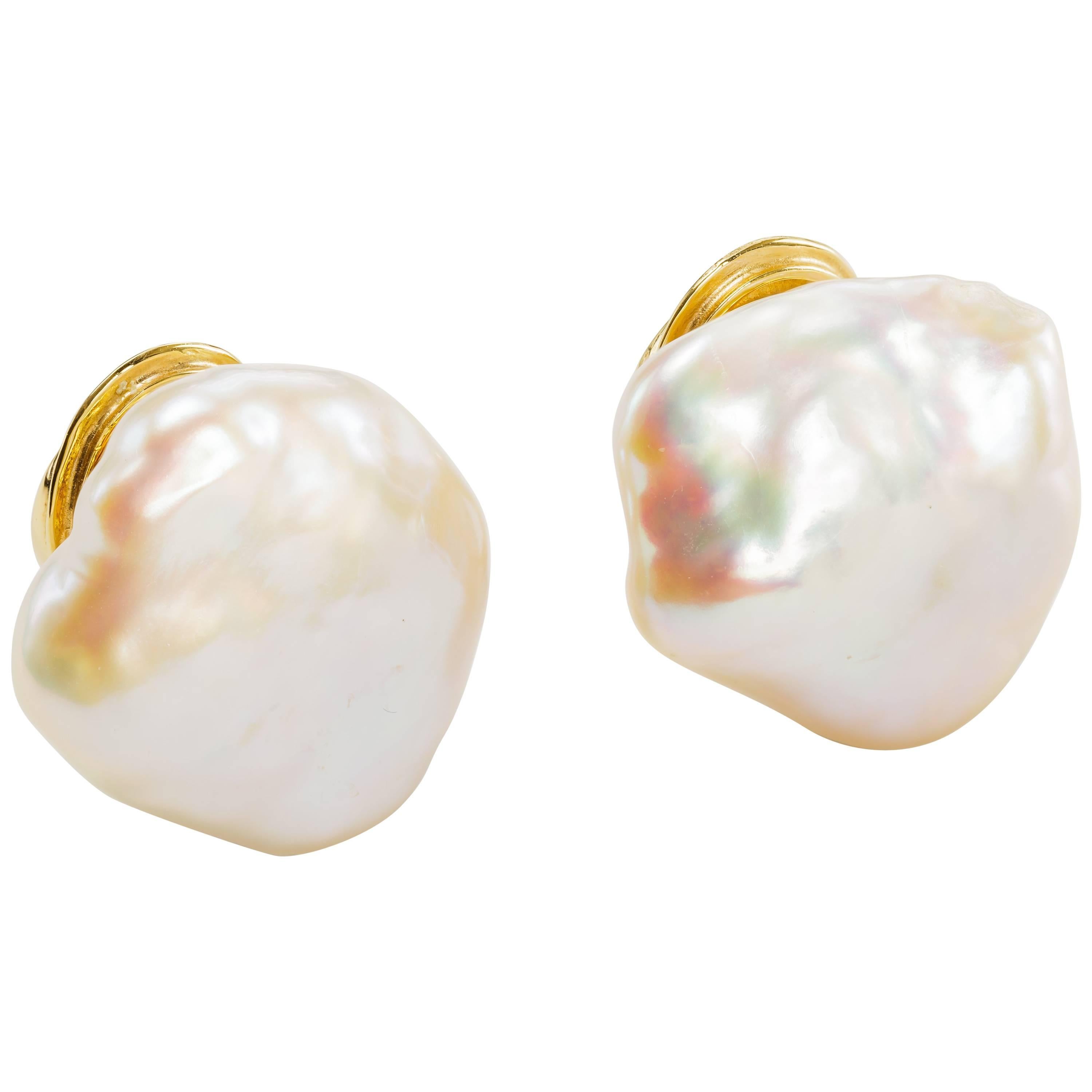 Yvel Freshwater White Baroque Pearl Stud Earrings 18 Karat Yellow Gold