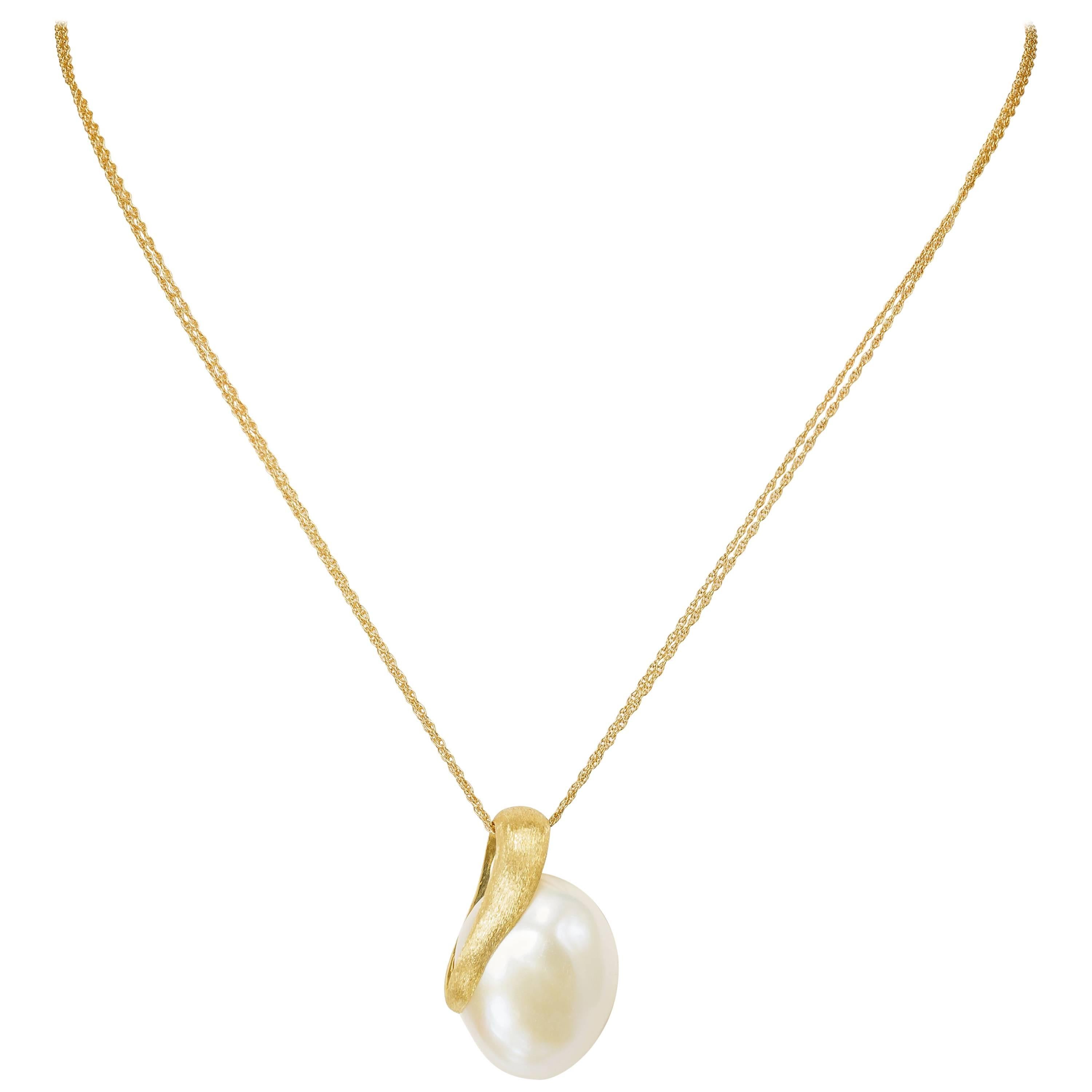 Yvel Satin Baroque Pearl Pendant and Necklace 18 Karat Yellow Gold For Sale