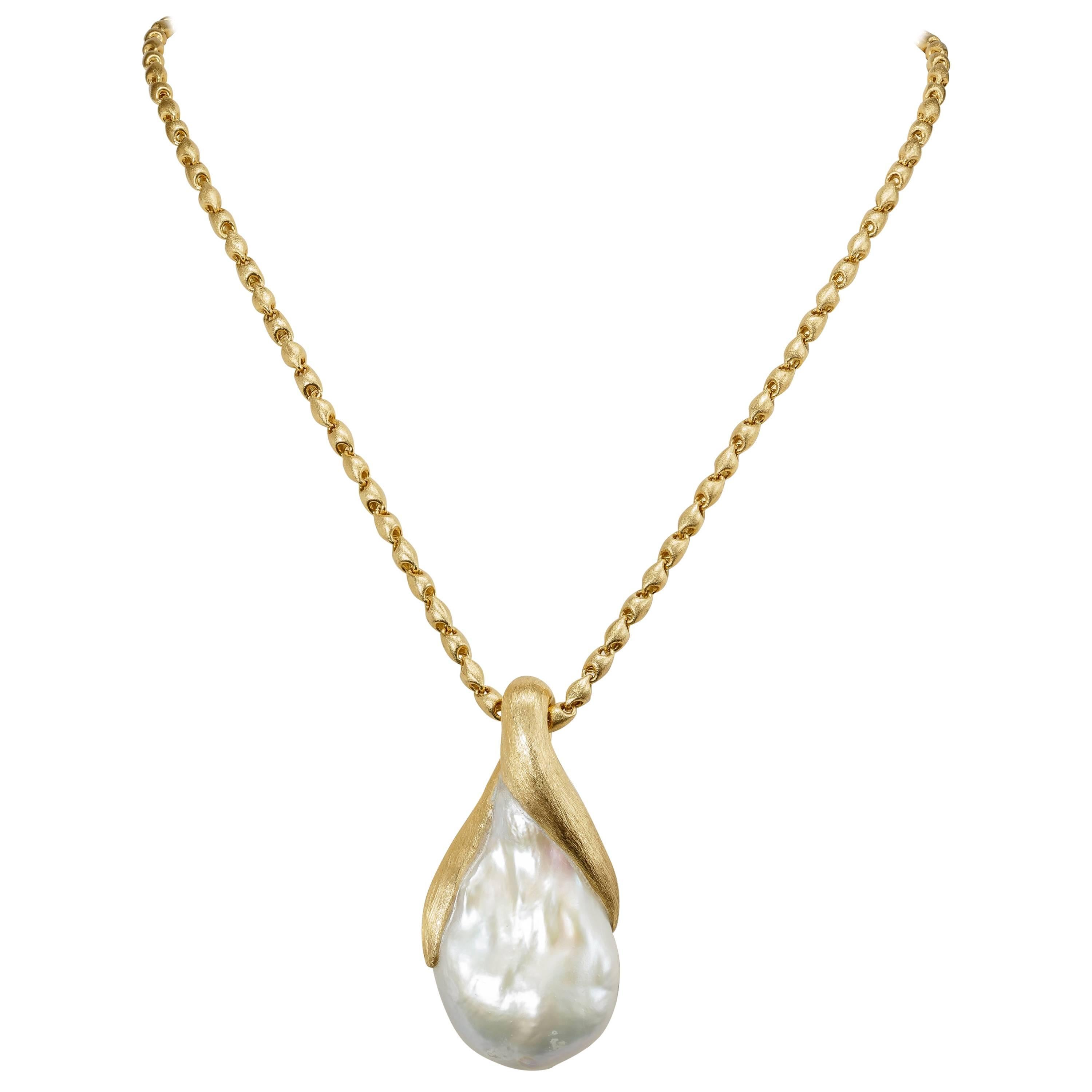 Yvel Large White Baroque Pearl Pendant Necklace 18 Karat Yellow Gold  For Sale