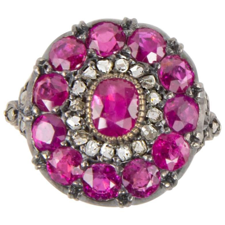 Beautiful Ruby Rose Cut Diamond Cluster Ring Estate Fine Jewelry