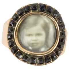 Antique Belle Époque Miniature Portrait Jet Gold Mourning Ring 10