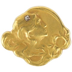 Antique Art Nouveau Diamond Matte Gold Maiden Heirloom Brooch Pin Watch Holder