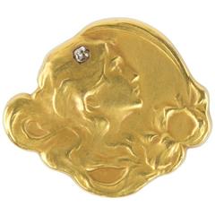 Art Nouveau Diamond Matte Gold Profile of a Maiden Brooch Pin Watch Holder 5