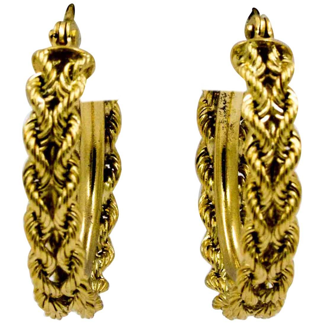 Double 14 KY Gold Rope Hoop Earrings
