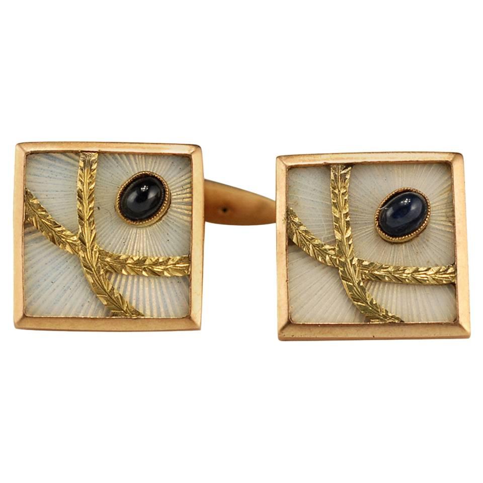 Antique Pair of Russian Two-Color Gold Transparent Enamel Sapphire Cufflinks