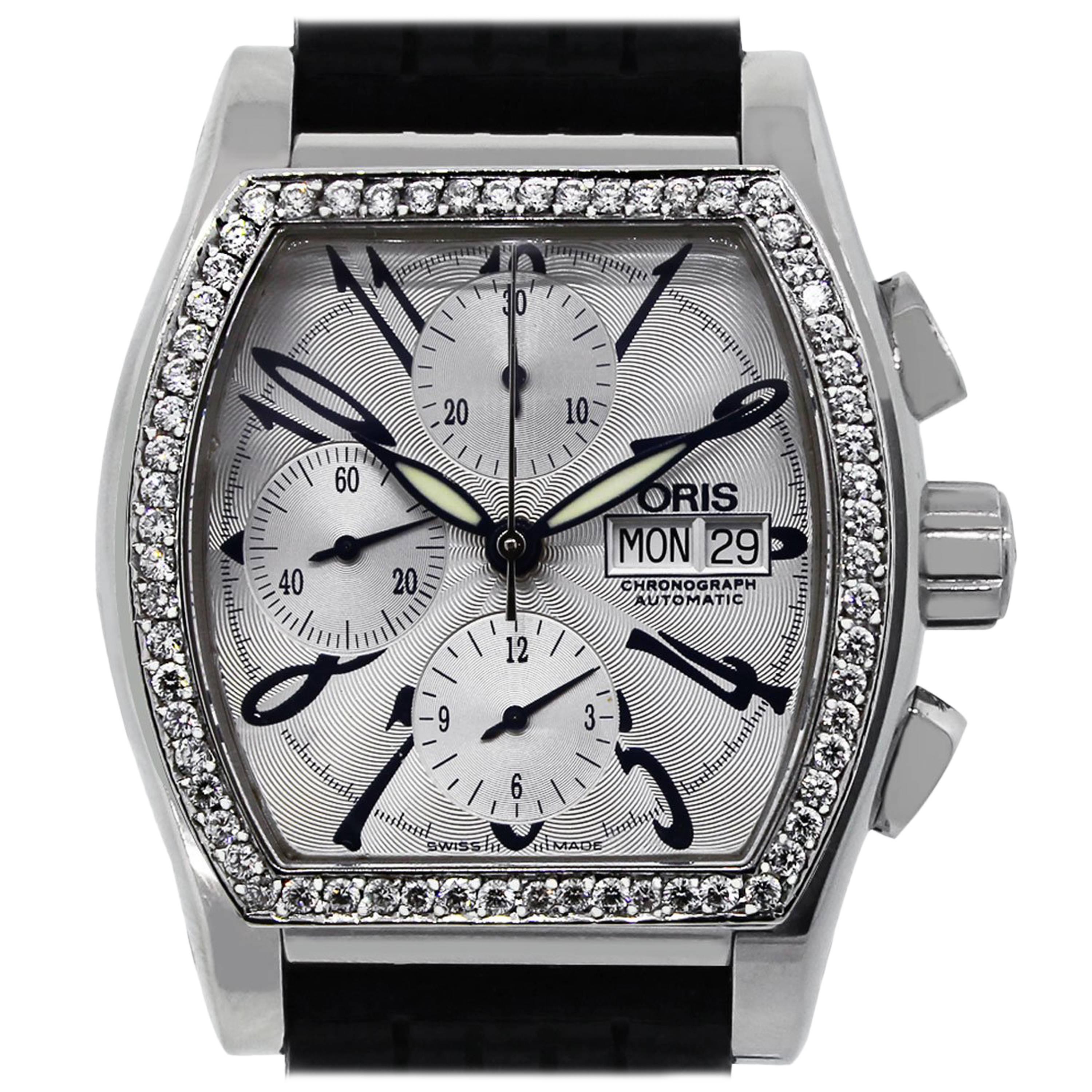 Oris Stainless Steel Miles Tonneau Diamond Bezel Chronograph Wristwatch