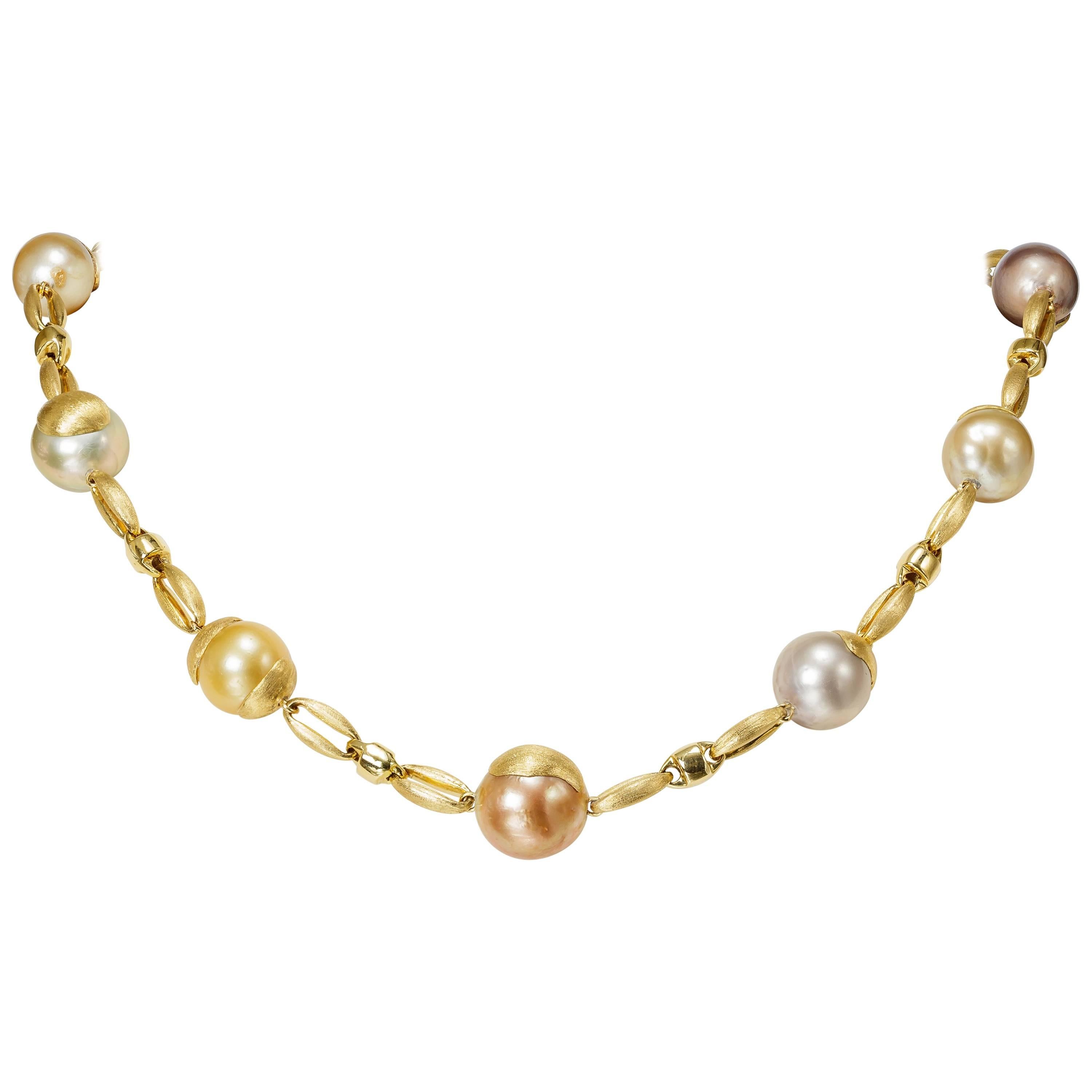 Yvel Multicolored South Sea Pearl Necklace 18 Karat Yellow Gold For Sale