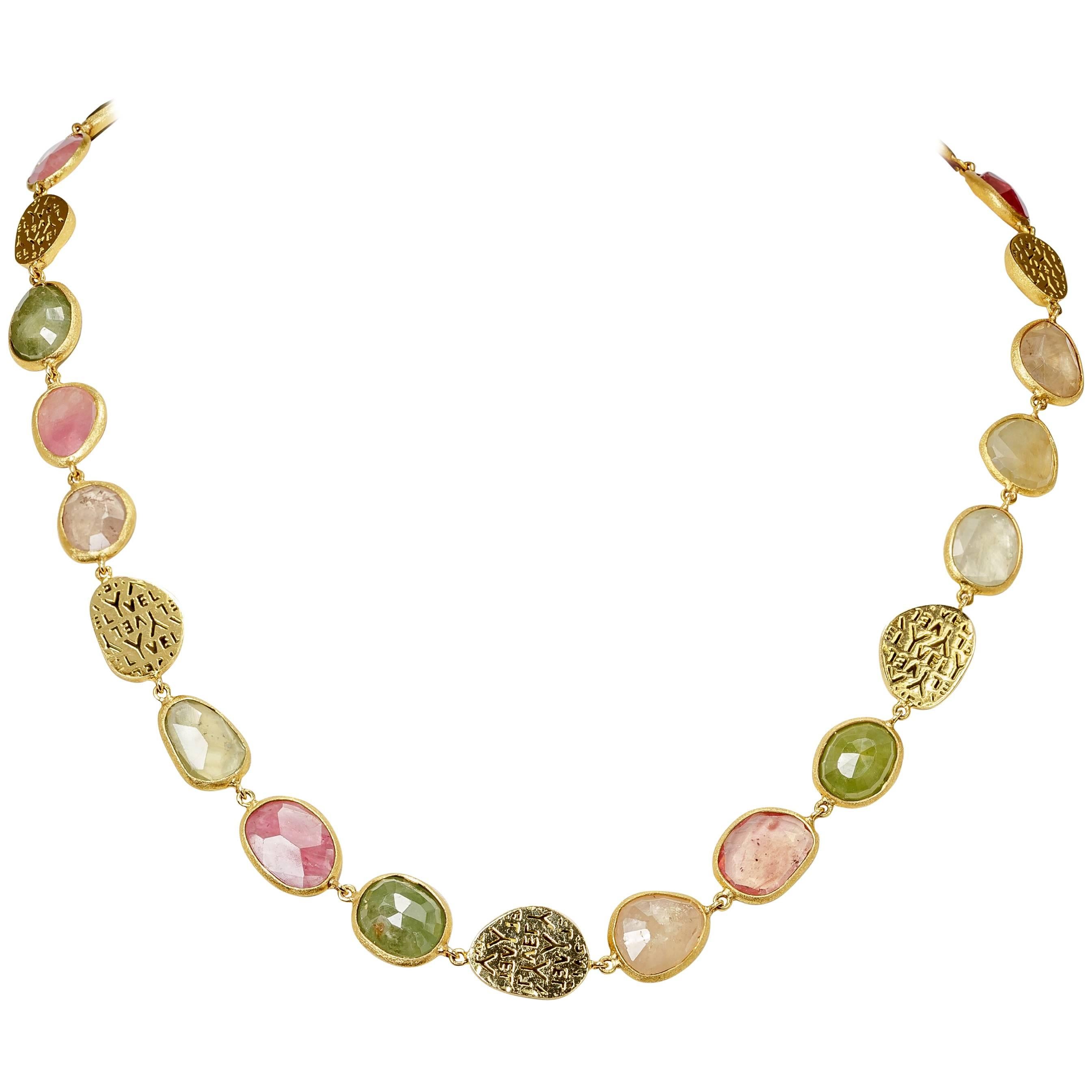 Yvel Multicolored Sapphire Necklace 18 Karat Yellow Gold 76.0 Carat For Sale