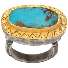 Turquoise in Gold Bezel and Diamonds on Sterling Silver Ring 6
