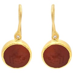 Carved Carnelian Winged Horse Earrings with Accent Diamonds in Gold