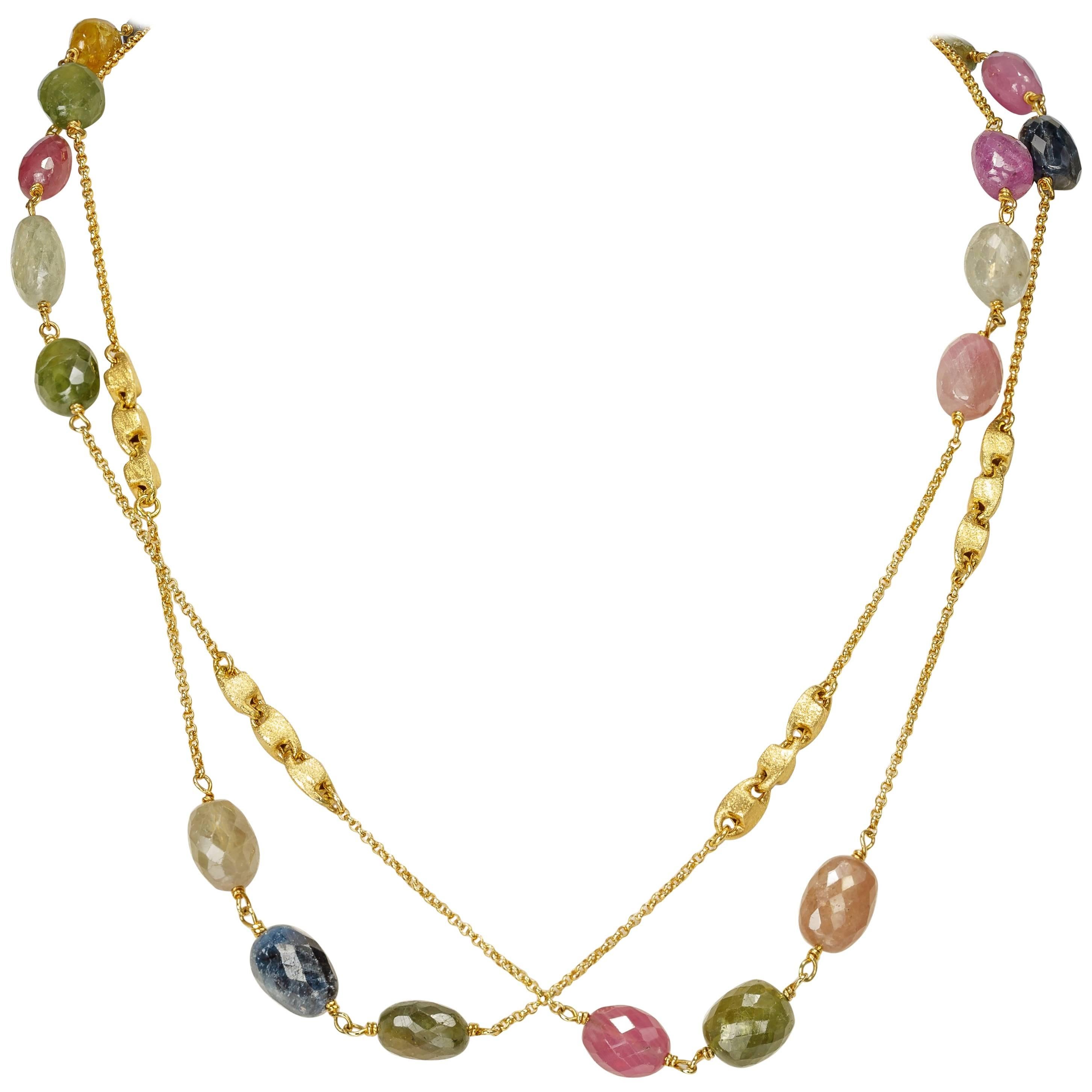 Yvel Colored Sapphire Necklace 32 Inch Rose Cut 18 Karat Yellow Gold 93.00 Carat For Sale