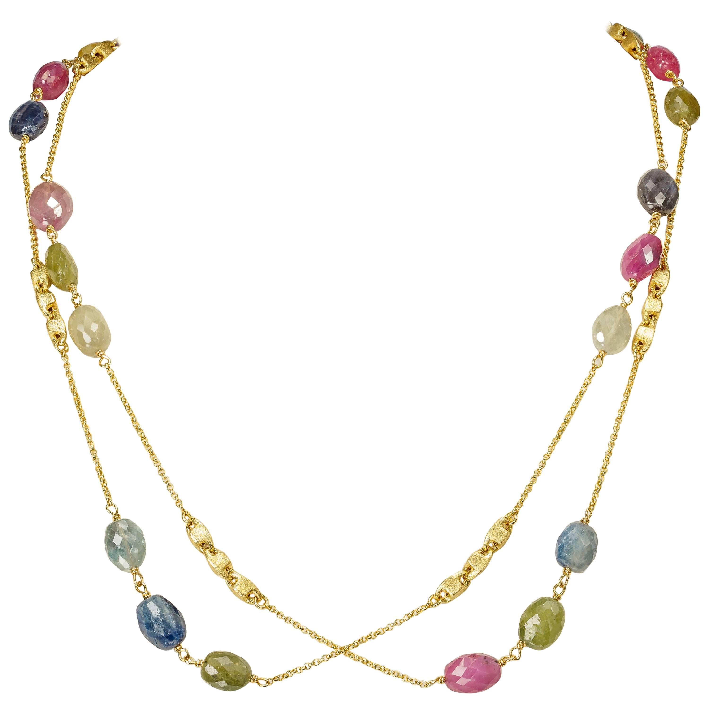 Yvel Colored Sapphire Bead Necklace 36 Inches 18 Karat Yellow Gold 106.00 Carat For Sale