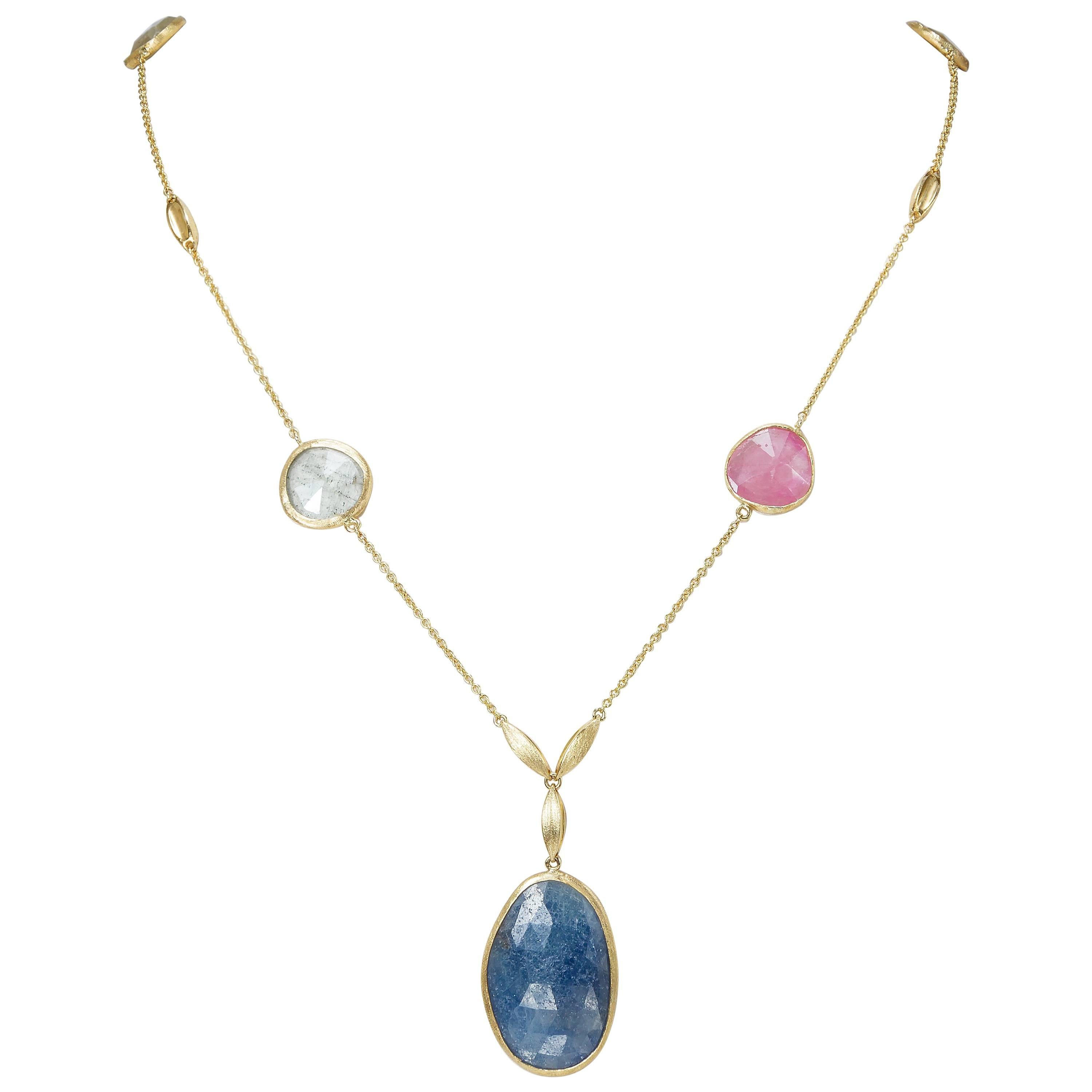 Yvette Necklace 5 Colored Sapphires Rose Cut 18 Karat Yellow Gold 28.00 Carat For Sale