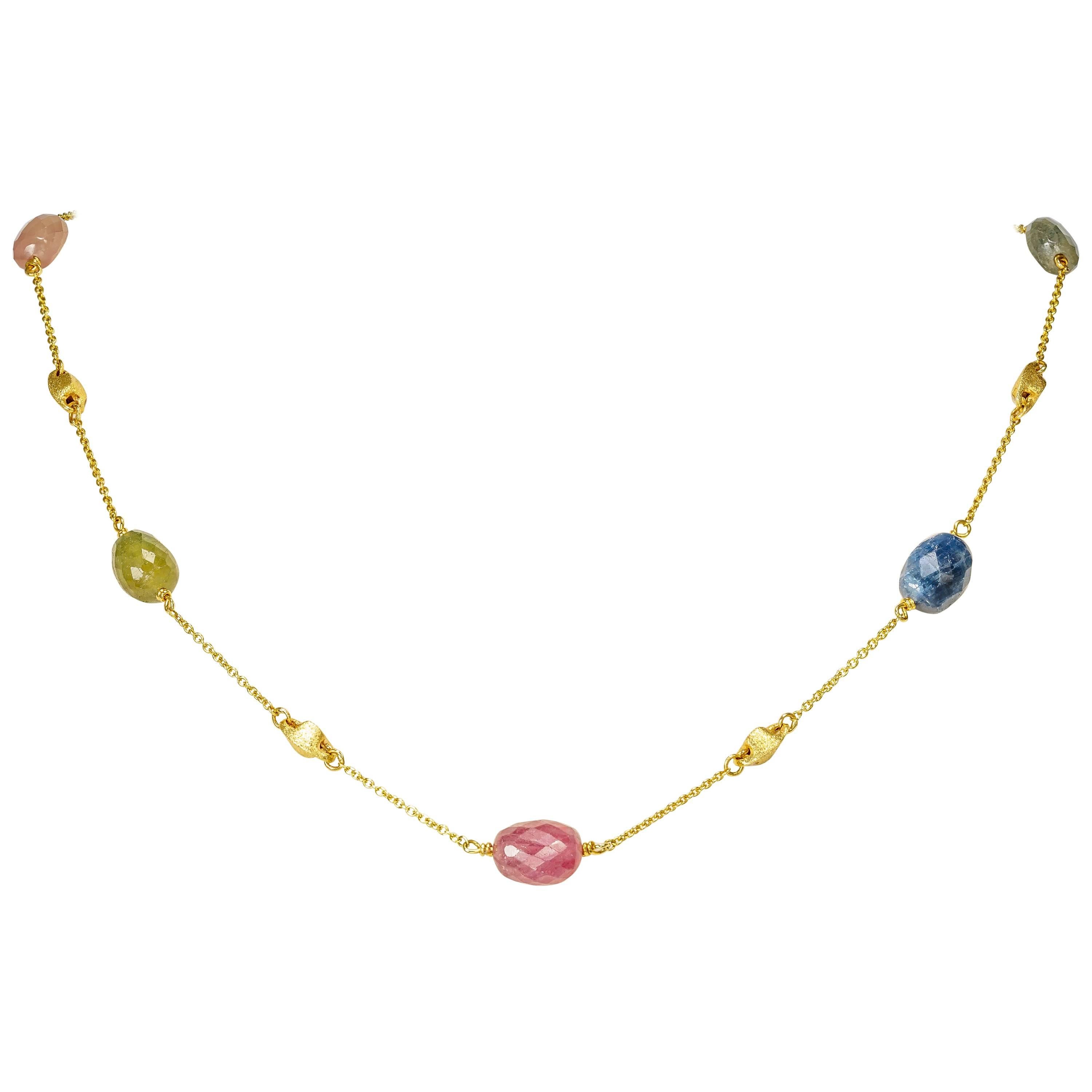 Yvel Beaded Necklace Colored Sapphire Rose Cut 18 Karat Yellow Gold 38.00 Carat For Sale