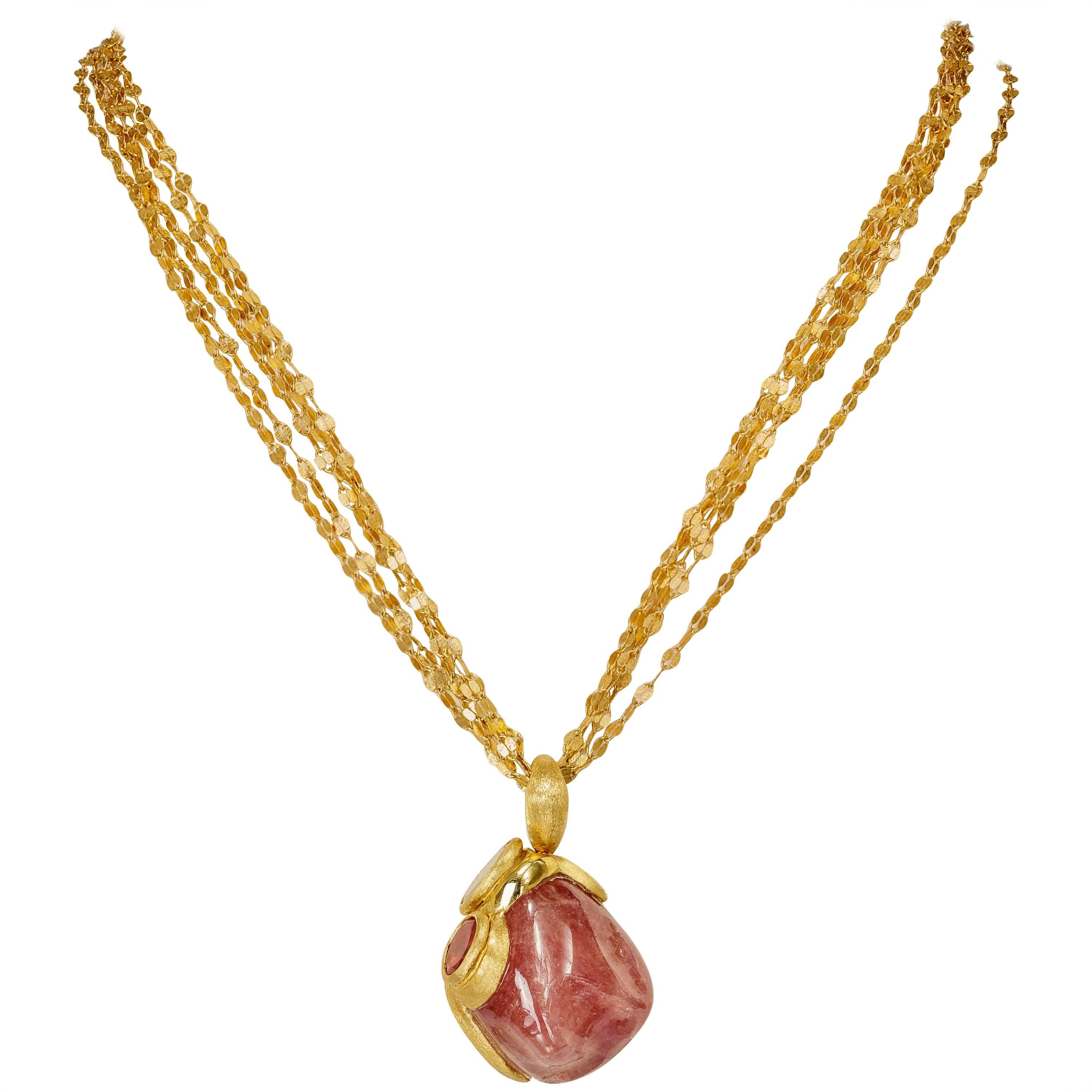 Yvel Pendant Necklace Natural Reddish Pink Sapphire 18k Yellow Gold 90.0 ct. For Sale