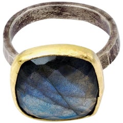 Large Labradorite Checkerboard Ring with a Yellow Gold Bezel and Sterling Band