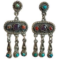 Turquoise Amethyst Coral Vintage Mexican Silver Large Statement Earrings