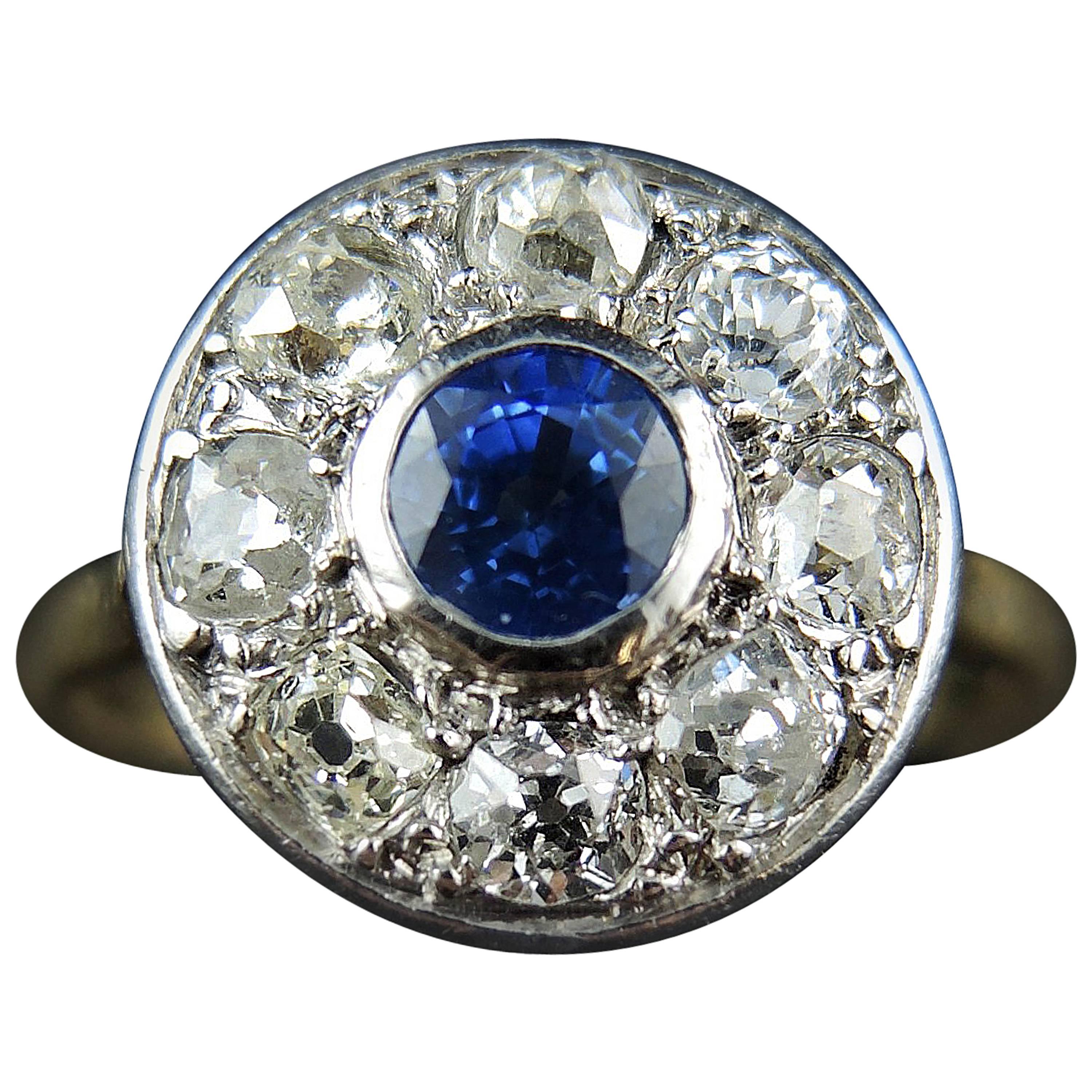 Art Deco Sapphire Diamond Gold Platinum Cluster Ring, circa 1920