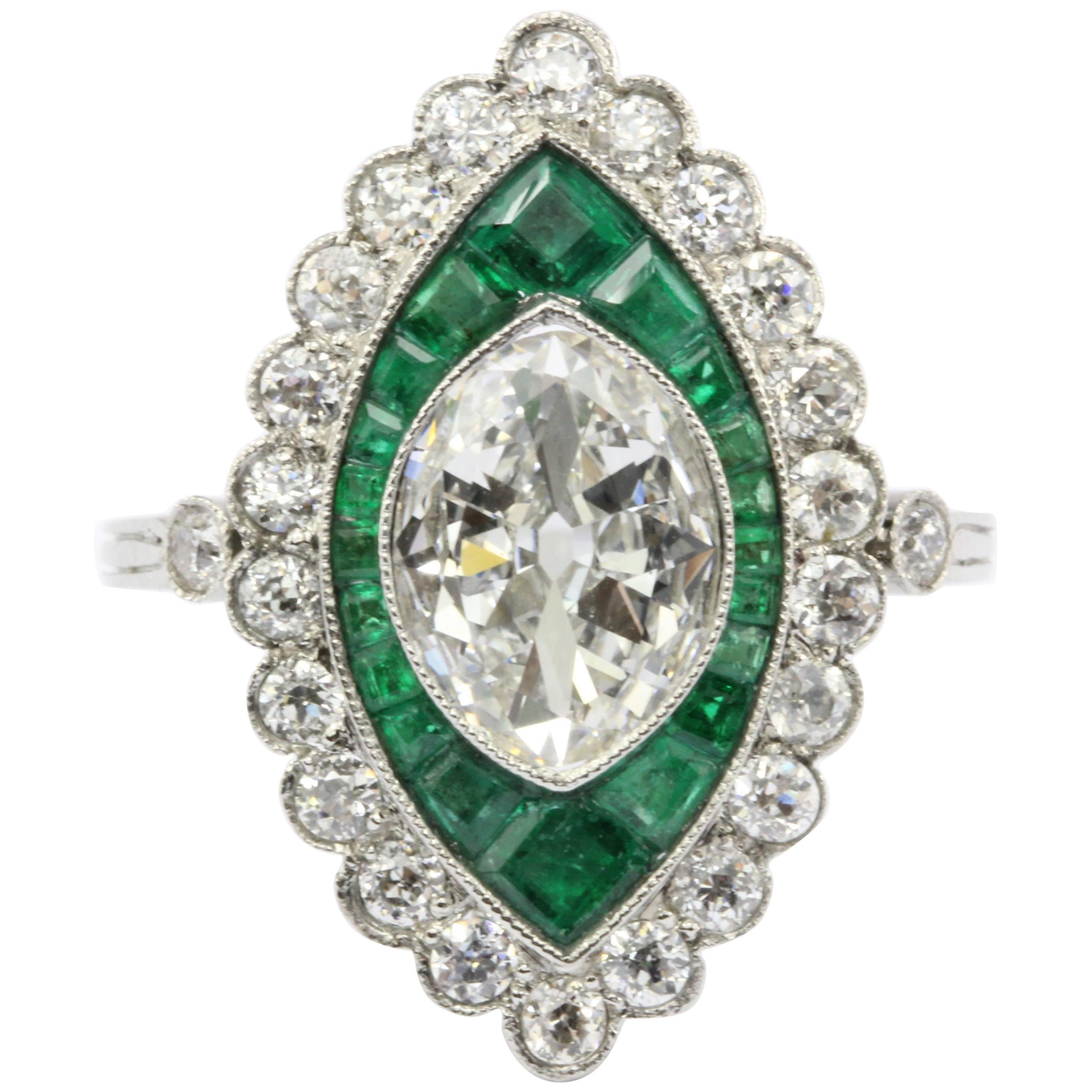 Antique 1.05 Carat Moval Diamond Emerald Halo Ring,