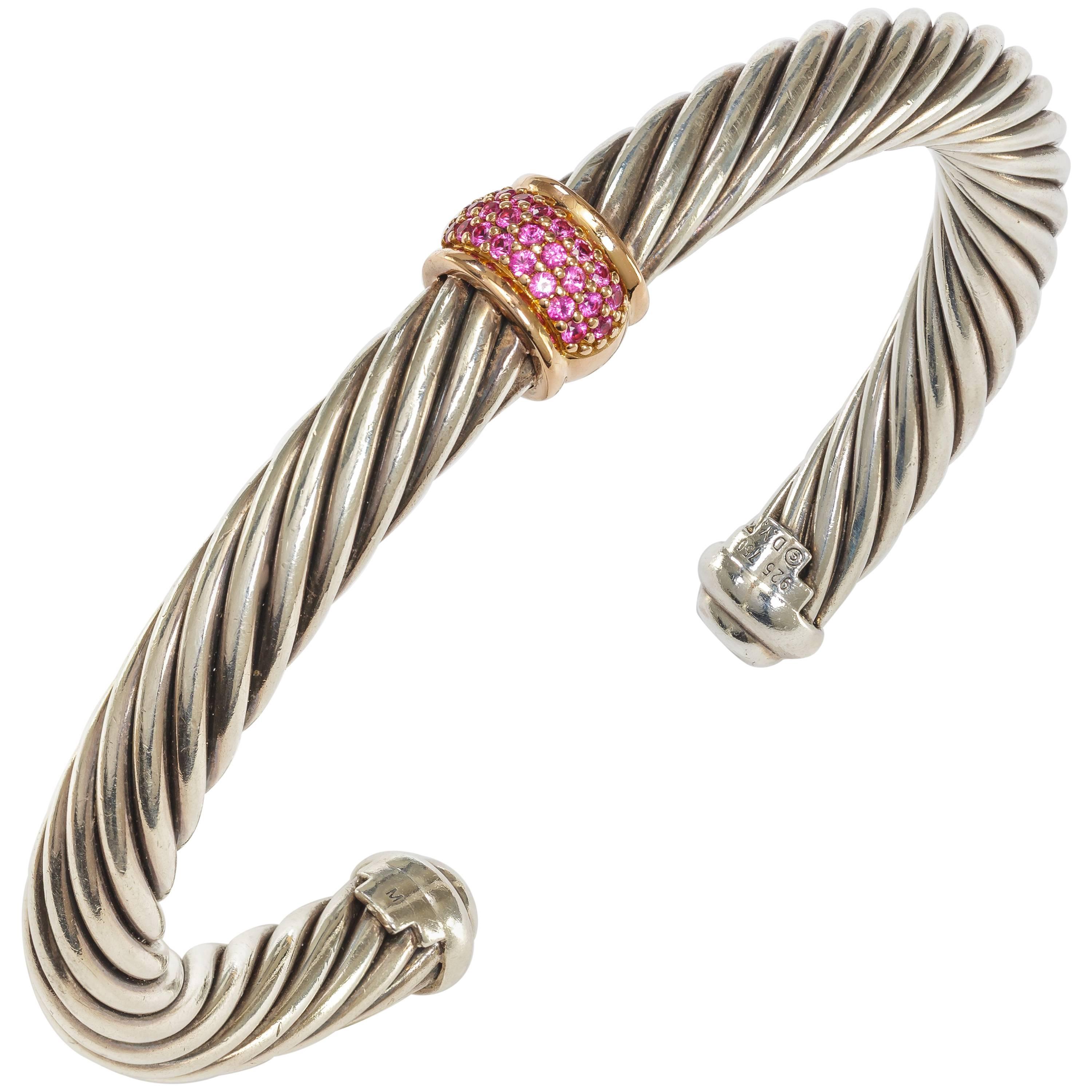 David Yurman Sterling Silver Rose Gold Pink Sapphire Cable Classic Bangle