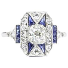 Art Deco Sapphire Old Mine Diamond Platinum Filigree Ring, circa 1920