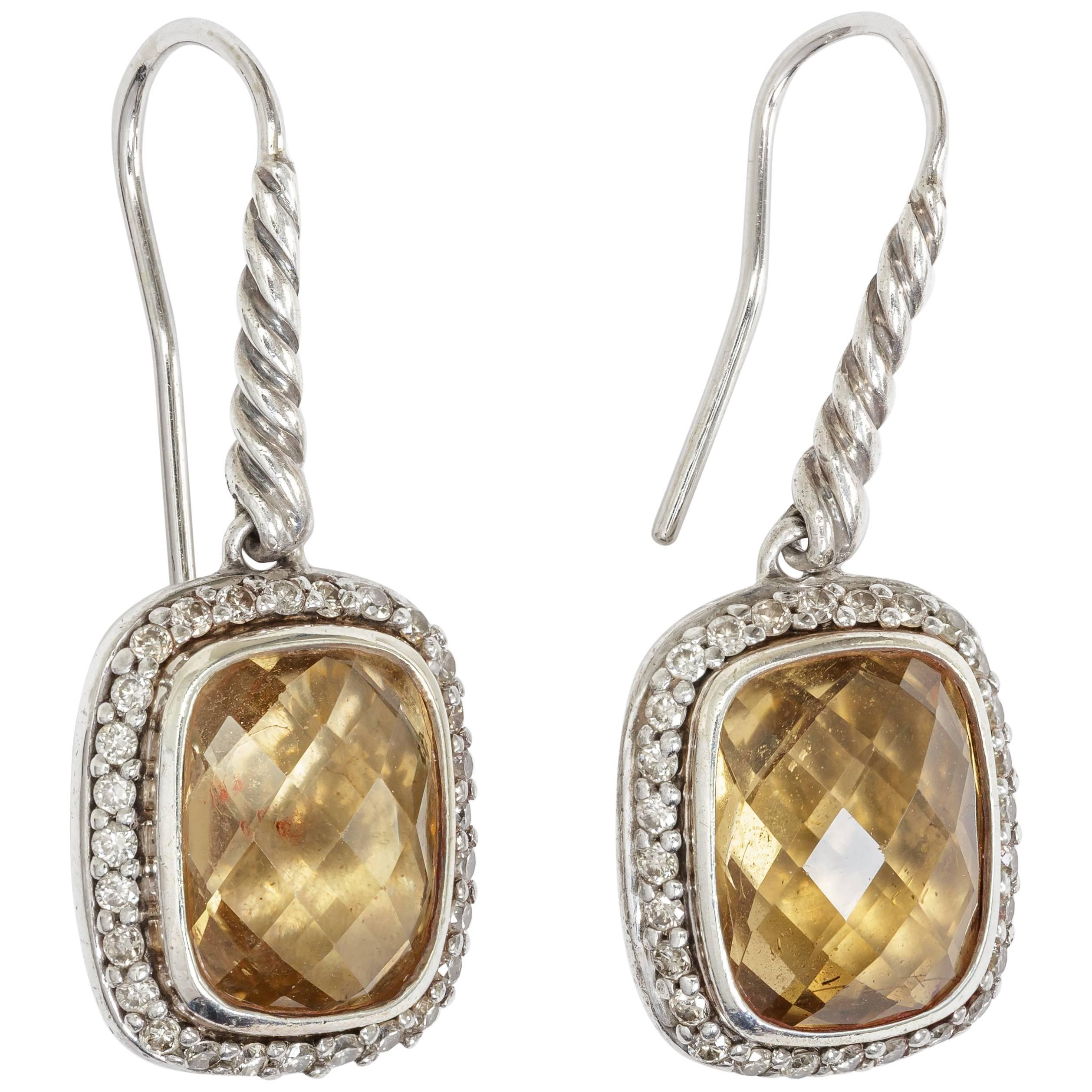 David Yurman Champagne Citrine 0.37 Carat Diamond Sterling Silver Drop Earrings