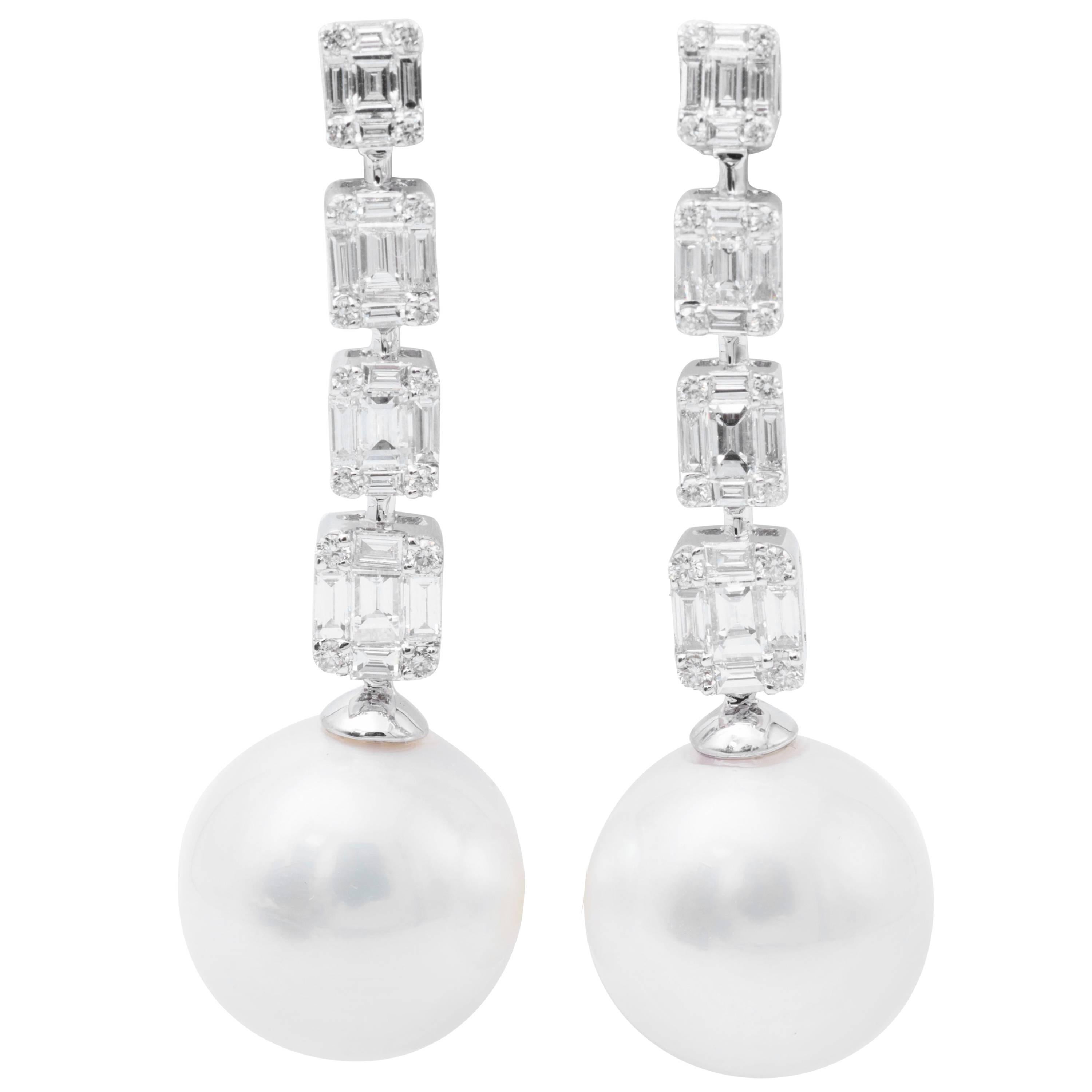 Diamond Baguette and South Sea Pearl Drop Earrings