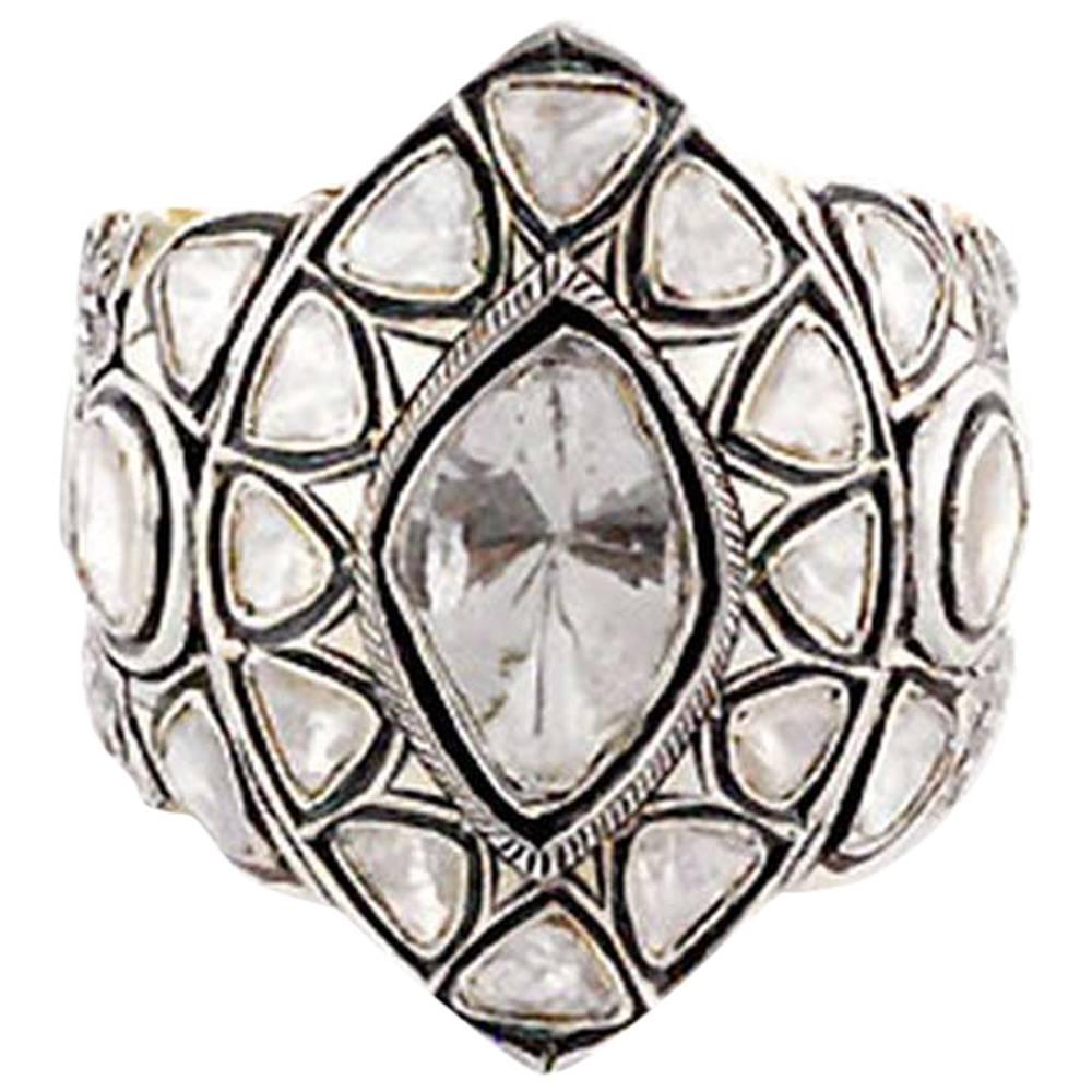 Ring aus Silber-Gold mit strahlend leuchtendem Diamanten im Rosenschliff im Angebot