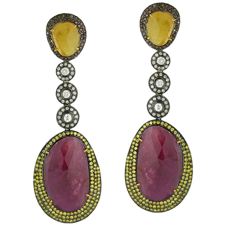 Red and Yellow Sliced Sapphire Diamond Silver Gold Dangle Earring