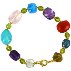 Multi Gemstone Blue Topaz Amethyst Peridot Lemon Rose Quartz Gold Bracelet