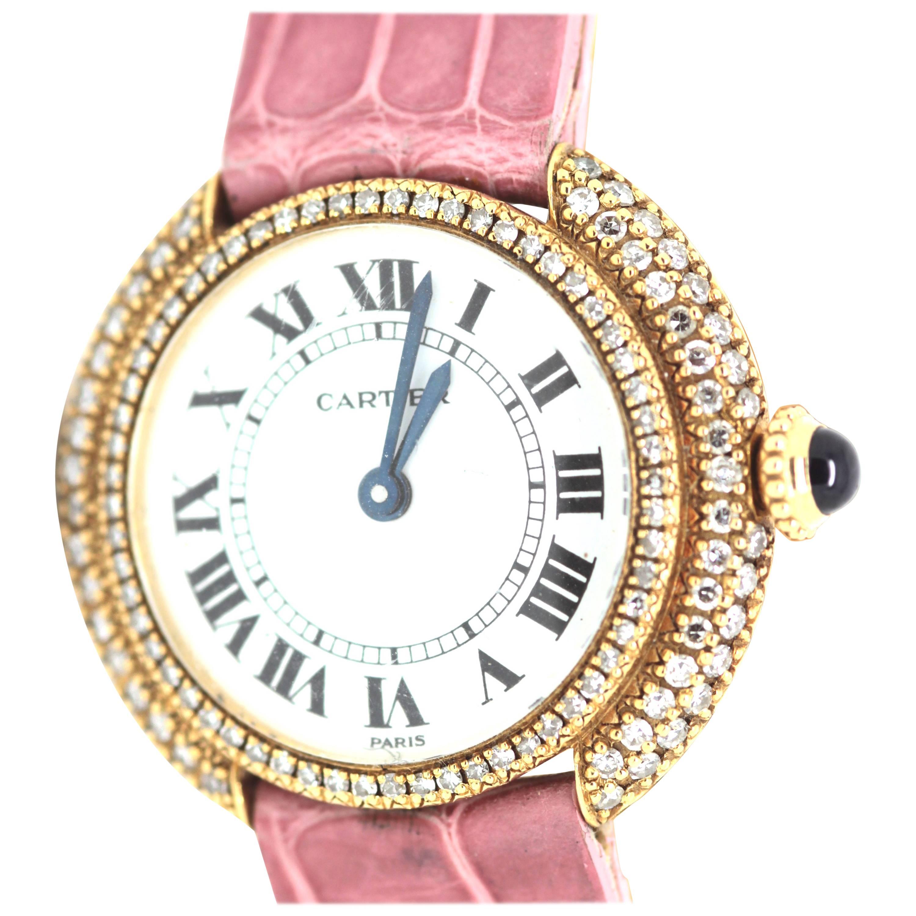 1980s Cartier White Diamond and Leather Watch For Sale
