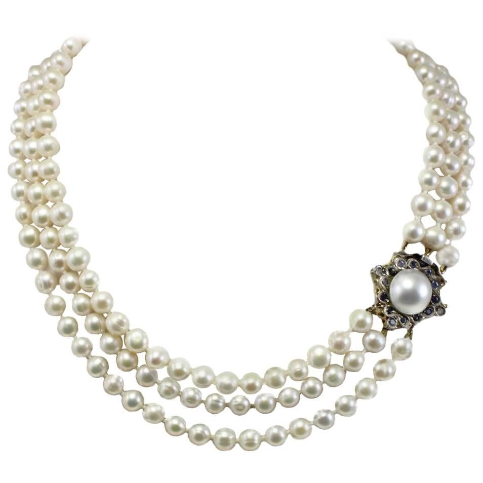  Pearls Sapphire Gold and Silver  Beaded Necklace