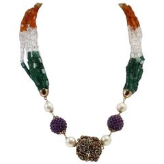 Amethyst Sapphire Ruby Emerald Silver Gold Stones Multi-Strand Necklace