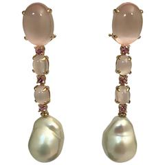 Yellow Gold Pink Quartz, Tourmaline and Cultured Pearls Chandelier Earrings 6