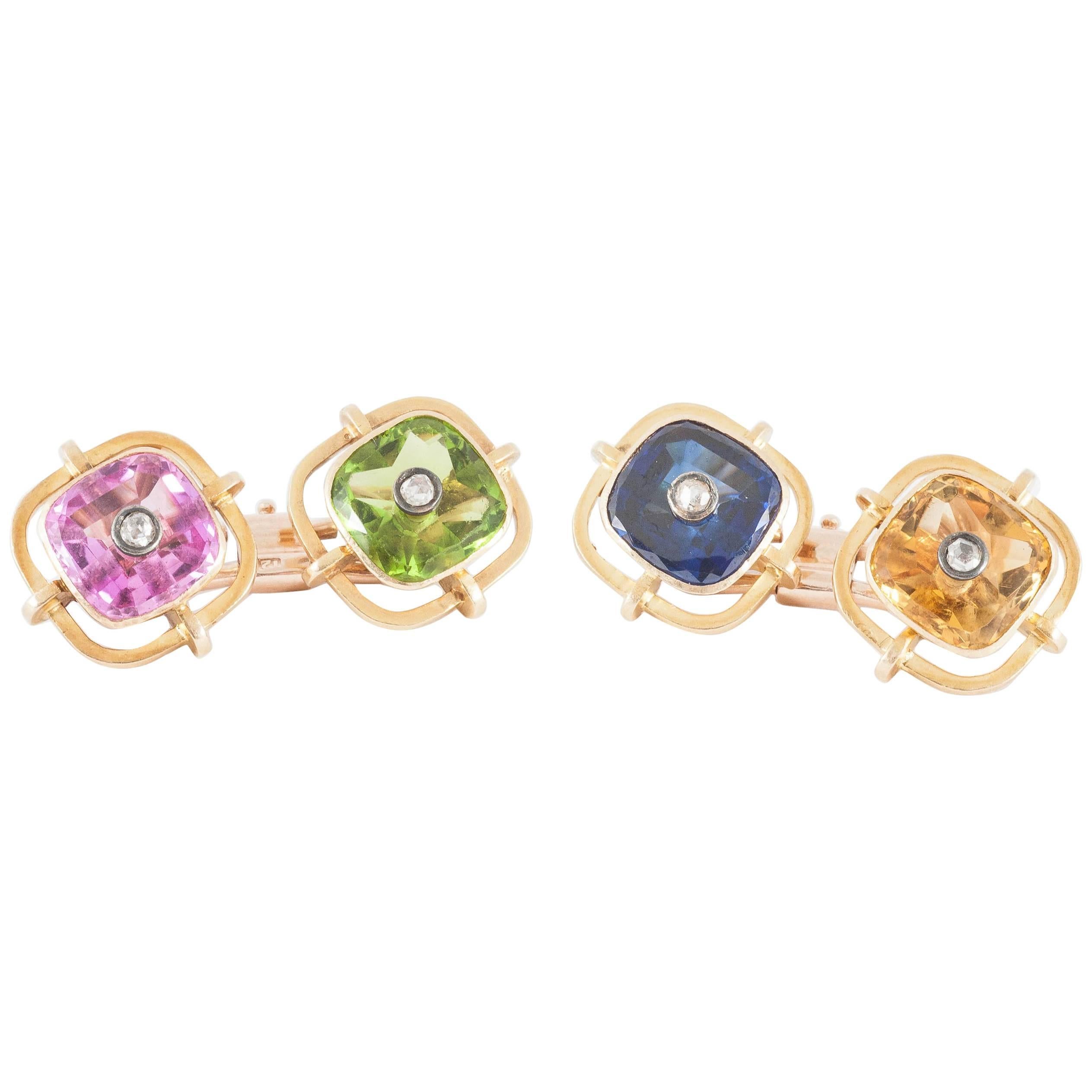Cufflinks, mounted in  Gold with Coloured Stones, circa 1920, diamond centre.