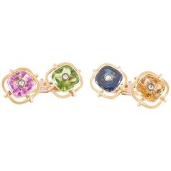 Antique Cufflinks, mounted in  Gold with Coloured Stones, circa 1920, diamond centre.