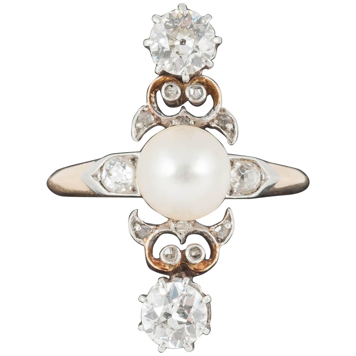  Natural Pearl and  Diamond Ring, down the finger, circa 1890, French