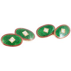 Cufflinks, 19th Century Green/ Red Enamel, Diamonds Gold Cufflinks, circa 1890