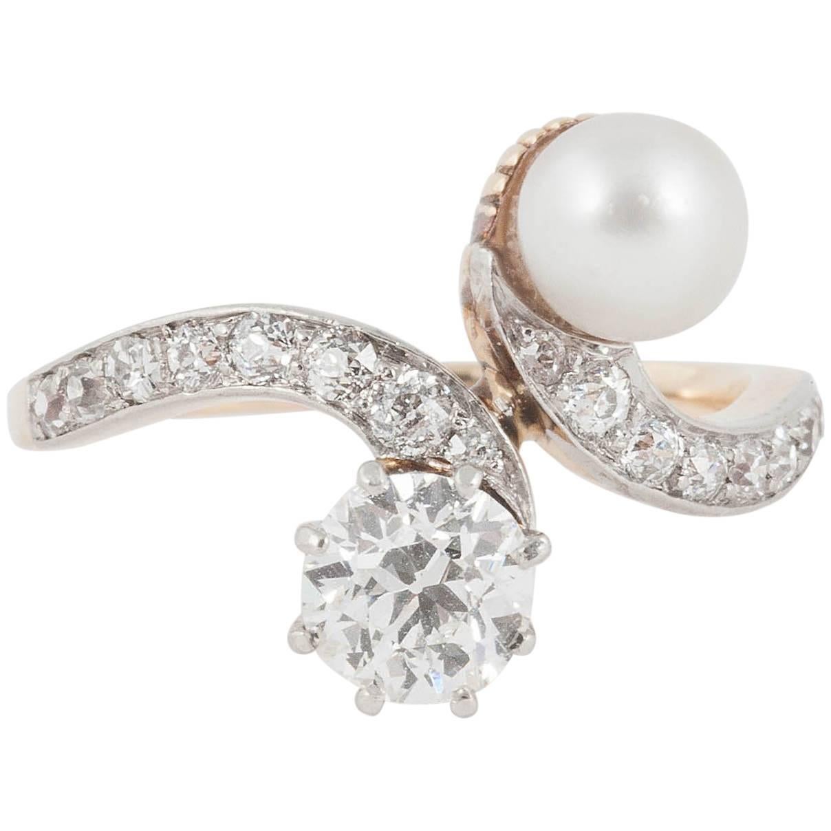 Pearl and Diamond Gold Platinum Crossover Ring For Sale