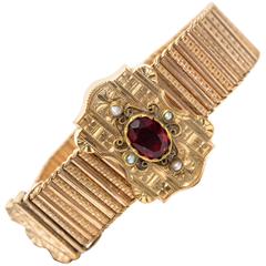 1890s Victorian Seed Pearl Simulated Garnet Rolled Gold Bracelet